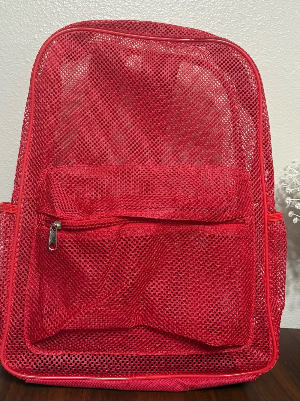 Red Mesh Backpack with Front Zip Pocket - Women’s Backpack